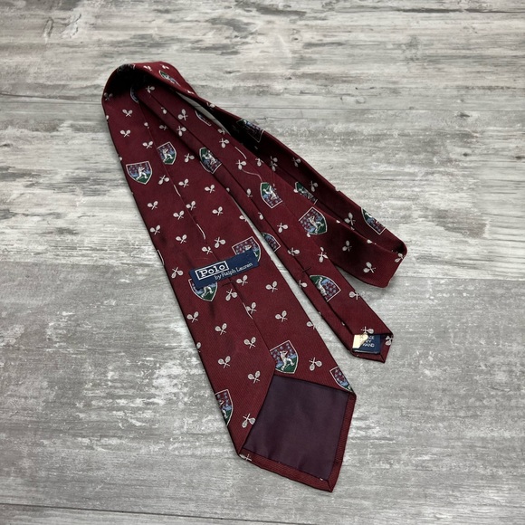 Polo Ralph Lauren Maroon Tennis Racket Shield Woven Silk Tie - Picture 2 of 4
